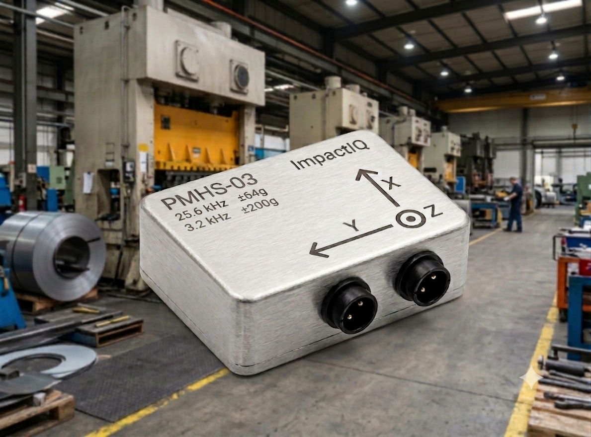 PMHS-03 dual-sensing darbe sensörü — 25.6 kHz titreşim, 3.2 kHz ±200g darbe